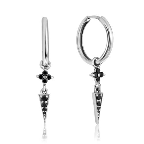 עגיל חישוק עם תליון פרח קטן ועדין עם קונוס תלוי משובץ יהלומים שחורים