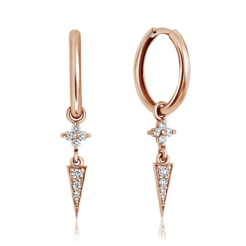 עגיל חישוק עם תליון פרח קטן ועדין עם קונוס תלוי משובץ יהלומים לבנים