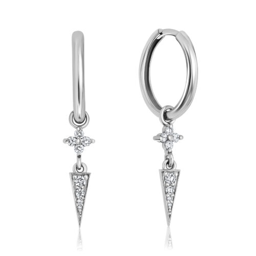 עגיל חישוק עם תליון פרח קטן ועדין עם קונוס תלוי משובץ יהלומים לבנים