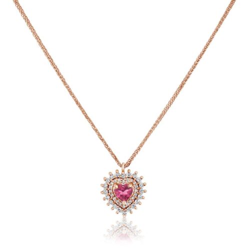שרשרת לב טורמלין ורוד עם מסגרת מיוחדת של יהלומים לבנים מסביב