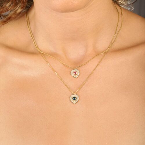 שרשרת לב טורמלין ורוד עם מסגרת מיוחדת של יהלומים לבנים מסביב