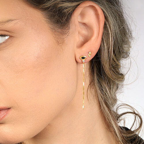 עגיל בודד עין מרקיזה יהלום שחור ויהלום לבן עגול עם שרשרת מעוצבת