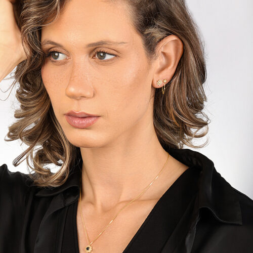 עגיל ריבוע וינטאג׳ עדין עם שרשרת זהב מיוחדת משובצת יהלום לבן