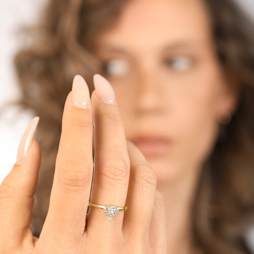 טבעת יהלום לב מעבדה מעוצבת עם מסגרת של יהלומים בחיתוכים שונים