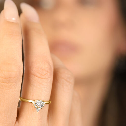 טבעת יהלום לב מעבדה מעוצבת עם מסגרת של יהלומים בחיתוכים שונים