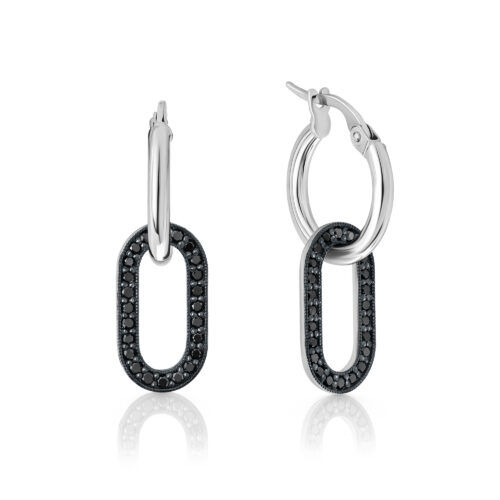 עגיל חישוק עם תליון אליפסה משובץ יהלומים שחורים