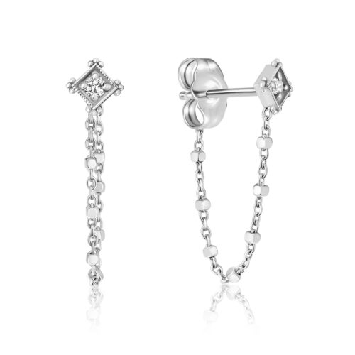 עגיל ריבוע וינטאג׳ עדין עם שרשרת זהב מיוחדת משובצת יהלום לבן