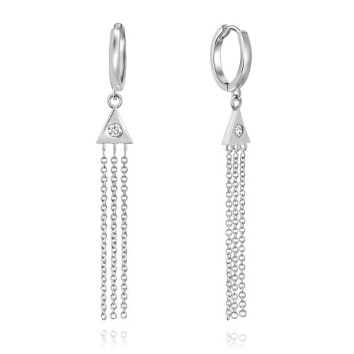 עגיל חישוק עם תליון משולש עם יהלום עגול ו 3 שרשראות זהב ארוכות