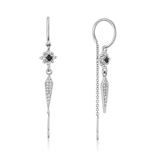 עגיל חצי חישוק עם שרשרת מחובר לתליון פרח יהלומים מושלם וקונוס משובץ יהלומים לבנים