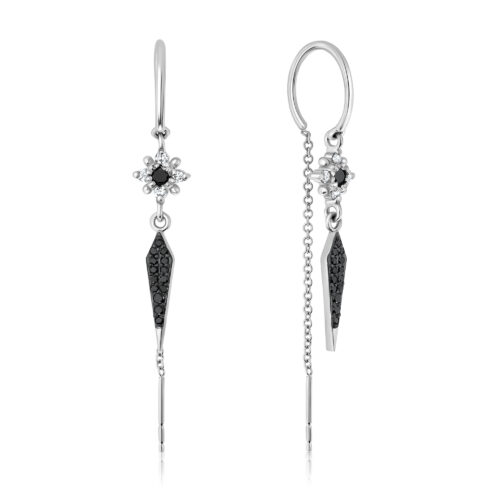 עגיל חצי חישוק עם שרשרת מחובר לתליון פרח יהלומים מושלם וקונוס משובץ יהלומים שחורים