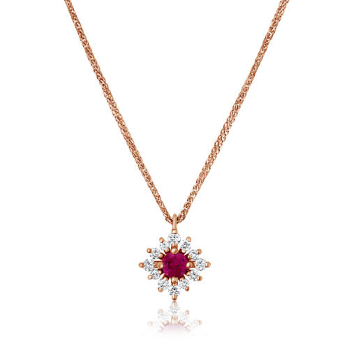 שרשרת פרח מיוחד עם יהלומים לבנים בשיבוץ רובי טבעי במרכז