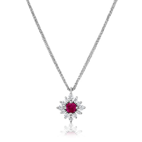 שרשרת פרח מיוחד עם יהלומים לבנים בשיבוץ רובי טבעי במרכז