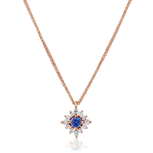 שרשרת פרח מיוחד עם יהלומים לבנים בשיבוץ ספיר כחול טבעי במרכז