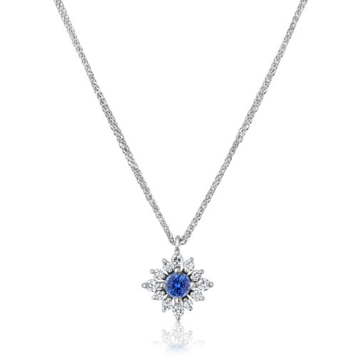 שרשרת פרח מיוחד עם יהלומים לבנים בשיבוץ ספיר כחול טבעי במרכז