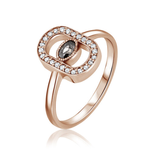 טבעת עין יהלום אפור בחיתוך אובל עם מסגרת אובלית משובצת יהלומים לבנים