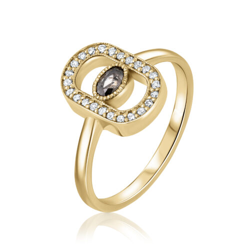 טבעת עין יהלום אפור בחיתוך אובל עם מסגרת אובלית משובצת יהלומים לבנים