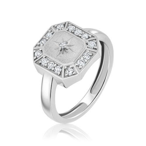 טבעת מלבן עם כוכב בולט ויהלומים לבנים מסביב