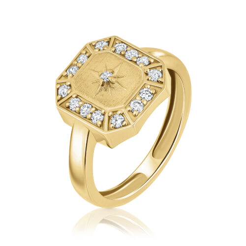 טבעת מלבן עם כוכב בולט ויהלומים לבנים מסביב