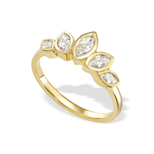 טבעת כתר עם 5 יהלומים לבנים בחיתוך מרקיזה