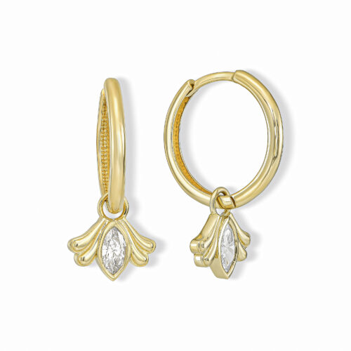 עגילי חישוק עם תליון מרקיזה לבן עם אלמנט זהב מעוצב בצדדים