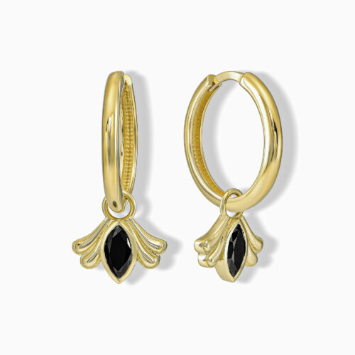 עגילי חישוק עם תליון מרקיזה שחור עם אלמנט זהב מעוצב בצדדים