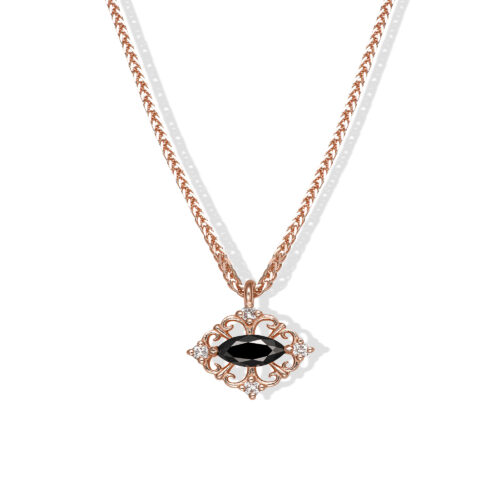 שרשרת יהלום מרקיזה שחור עם מסגרת תחרת זהב ו4 יהלומים עגולים קטנים