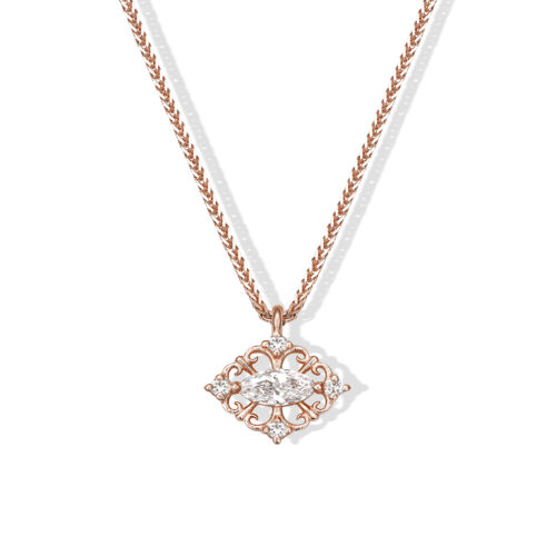 שרשרת יהלום מרקיזה לבן עם מסגרת תחרת זהב ו4 יהלומים עגולים קטנים