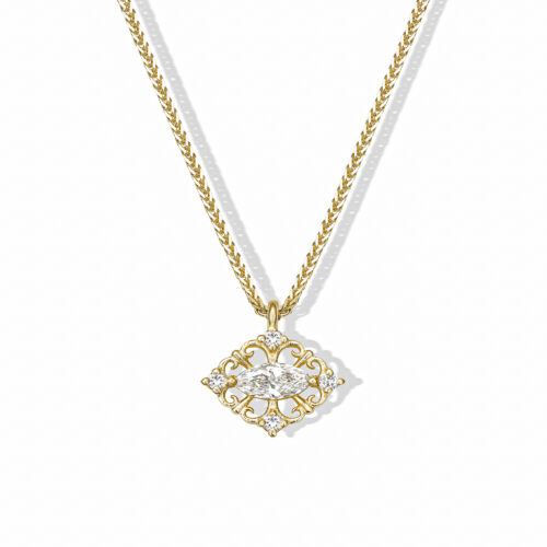 שרשרת יהלום מרקיזה לבן עם מסגרת תחרת זהב ו4 יהלומים עגולים קטנים