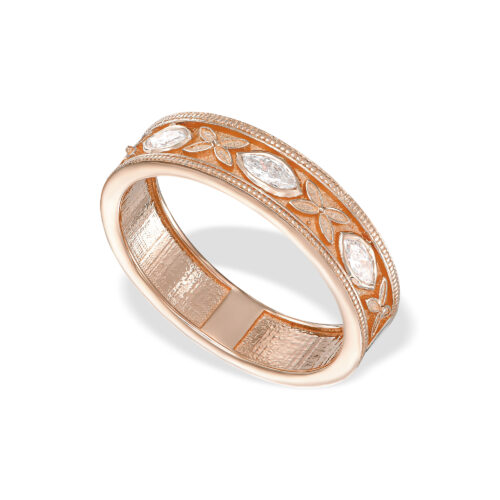 טבעת עגולה רחבה עם 3 יהלומי מרקיזה לבנים עם הבלטות פרחים