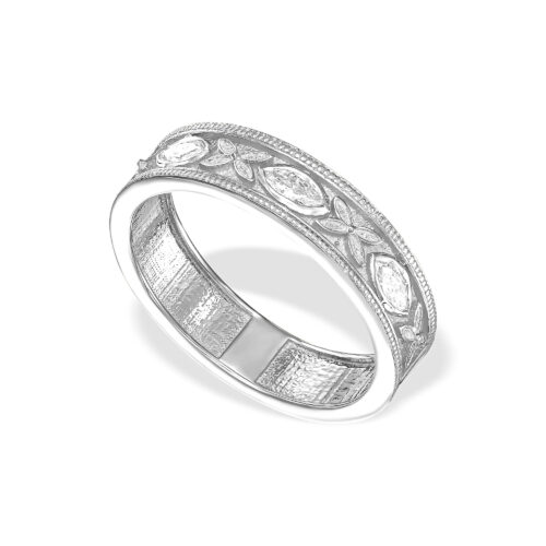 טבעת עגולה רחבה עם 3 יהלומי מרקיזה לבנים עם הבלטות פרחים