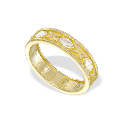 טבעת עגולה רחבה עם 3 יהלומי מרקיזה לבנים עם הבלטות פרחים