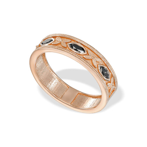 טבעת עגולה רחבה עם 3 יהלומי מרקיזה שחורים עם הבלטות פרחים