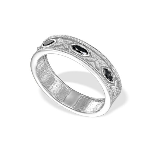 טבעת עגולה רחבה עם 3 יהלומי מרקיזה שחורים עם הבלטות פרחים