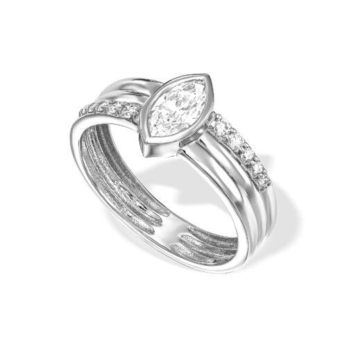 טבעת יהלום מרקיזה על טבעת זהב עבה 3 שורות משובצות יהלומים בצורה לא סימטרית מושלמת