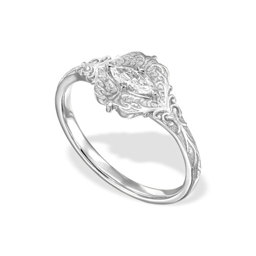 טבעת יהלום מרקיזה לבן עטוף בזהב עם אלמנטים של וינטאג׳