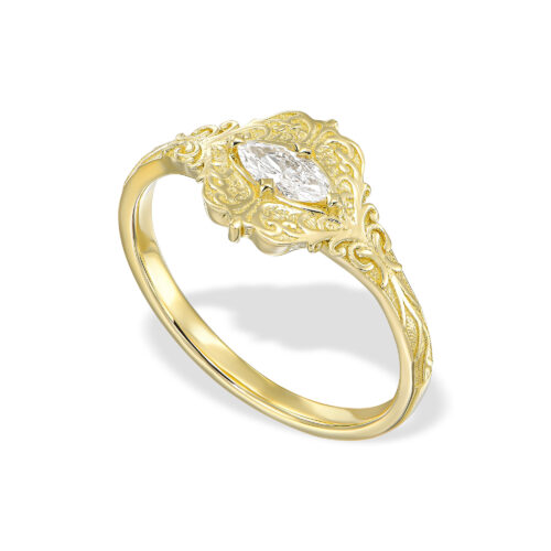 טבעת יהלום מרקיזה לבן עטוף בזהב עם אלמנטים של וינטאג׳